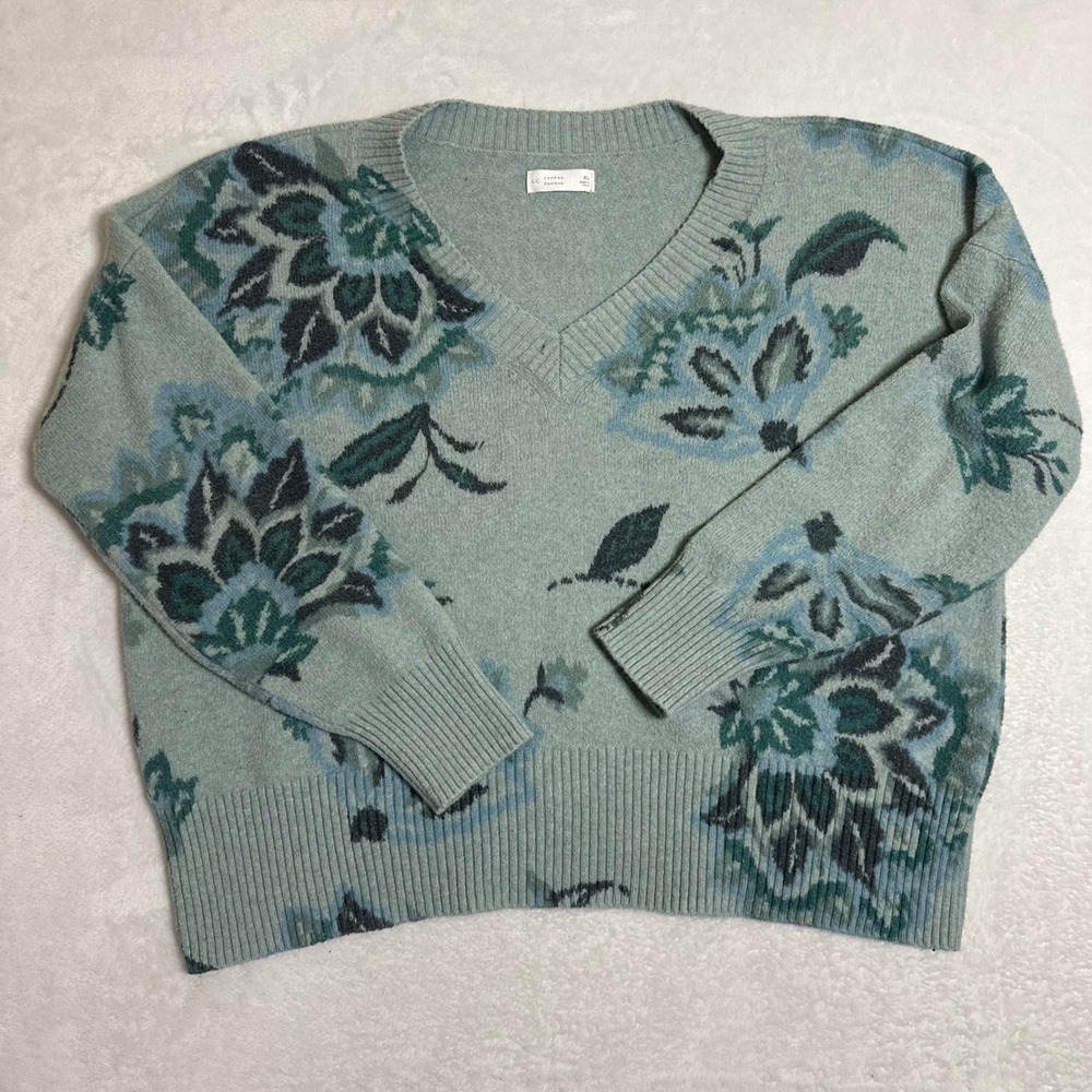 LC Lauren Conrad Floral V-Neck Sweater Women's XL Mint Blue Knit Pullover Cozy